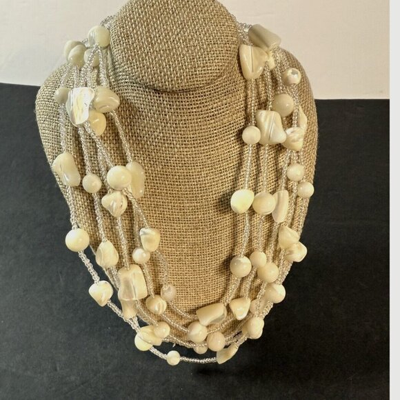 GRAZIANO Signed Chunky Mother Of Pearl / Glass Bead Necklace Multistrand Fashion - Picture 1 of 6
